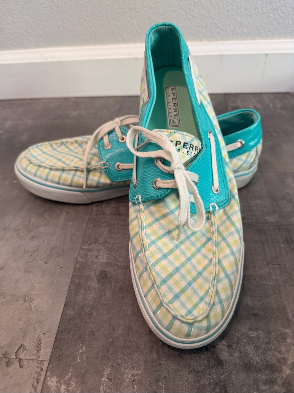 Sperry Plaid Boat Sneakers in Turquoise and Yellow